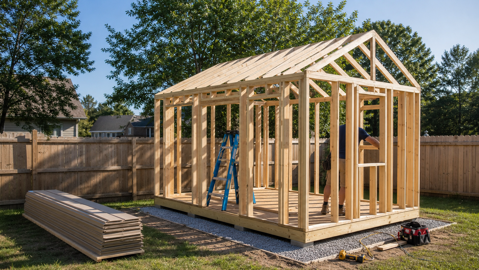One custom shed being built on site in a Triad backyard